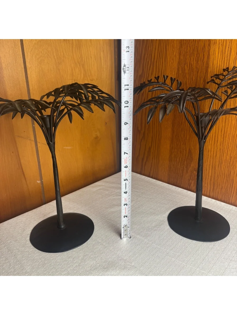Vintage Black Metal Palm Tree Candle Holders Pair Tropical Coastal Decor